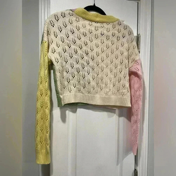 Cotton Emporium Cropped Open Knit Color Block V Neck Button Cardigan Size M - Picture 5 of 8